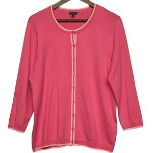 Talbots Sweater Top Women's Size L Front Buttons Pink with Peach Piping‎